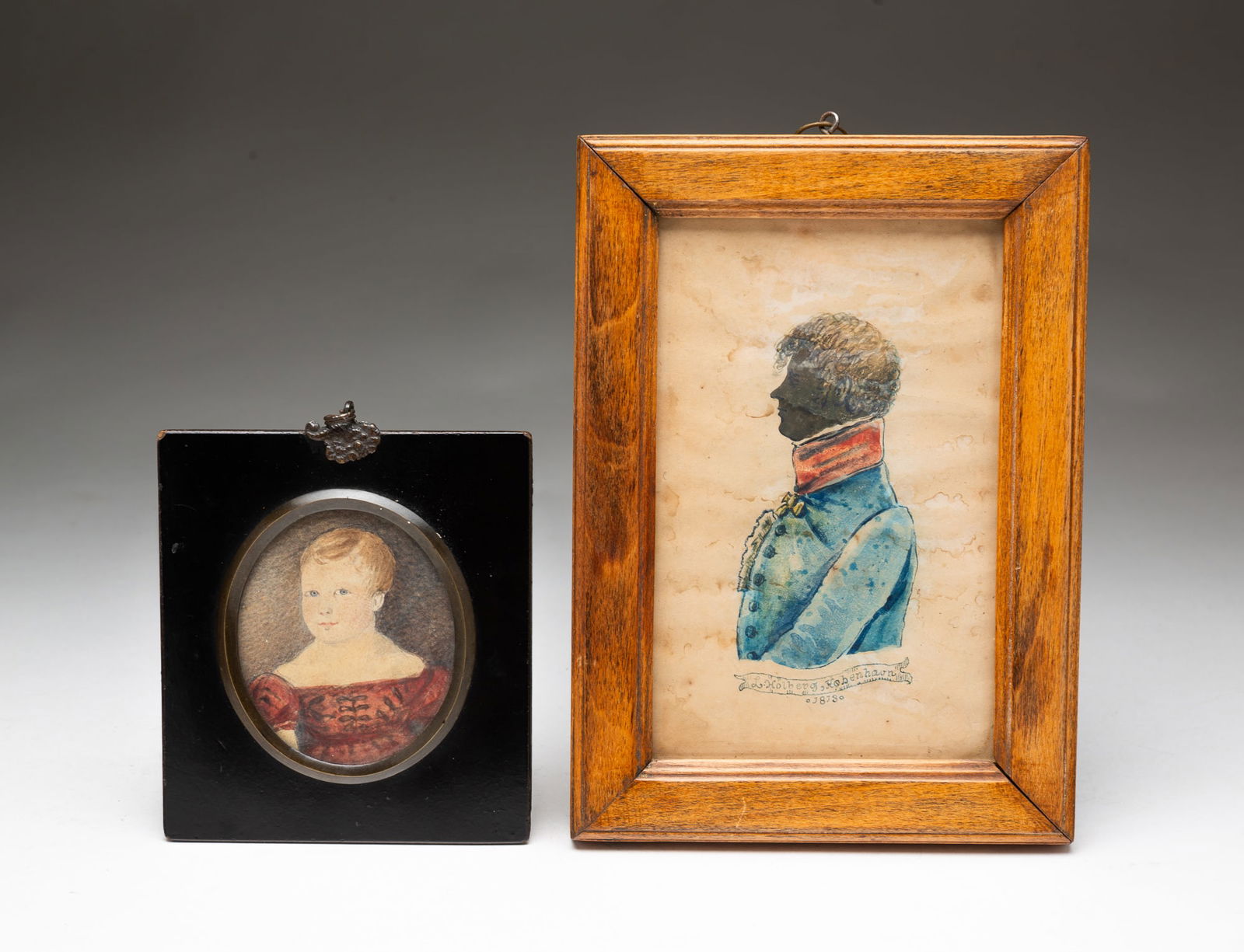 TWO MINIATURE WATERCOLOR AND GOUACHE PORTRAITS. (1 of 4)