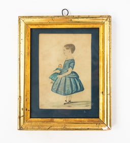ENGLISH SCHOOL DIMINUTIVE FULL-LENGTH WATERCOLOR PORTRAIT OF A CHILD HOLDING A DOLL.
