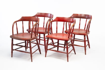 FOUR AMERICAN RED-PAINTED OAK FIREHOUSE WINDSOR ARMCHAIRS.