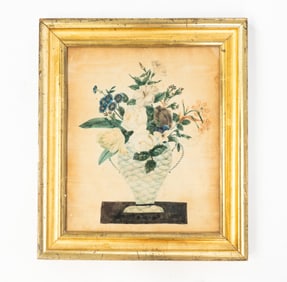 AMERICAN SCHOOL THEOREM PAINTING ON VELVET OF VASE OF FLOWERS.