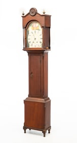AMERICAN SHERATON WALNUT TALL CASE CLOCK.