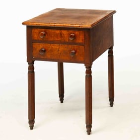 AMERICAN SHERATON TIGER MAPLE AND CHERRY TWO-DRAWER STAND.