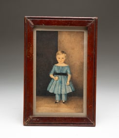 AMERICAN SCHOOL DIMINUTIVE FULL-LENGTH WATERCOLOR PORTRAIT OF A YOUNG BOY.