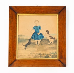 AMERICAN SCHOOL WATERCOLOR PORTRAIT OF A YOUNG BOY WITH DOGS.