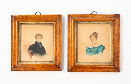 PAIR OF DIMINUTIVE WATERCOLOR AND GOUACHE PORTRAITS OF HUSBAND AND WIFE.