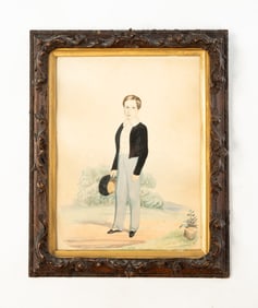 AMERICAN SCHOOL FULL-LENGTH WATERCOLOR PORTRAIT OF A YOUNG BOY.
