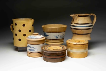 SIX AMERICAN YELLOWWARE ITEMS.