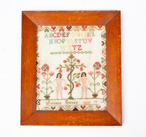 SUSANA CURREY (AMERICAN) ADAM AND EVE NEEDLEWORK SAMPLER.