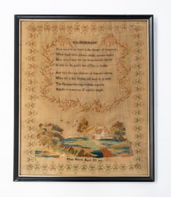 MARY BOUCHE (ENGLISH) NEEDLEWORK SAMPLER WITH COTTAGE.