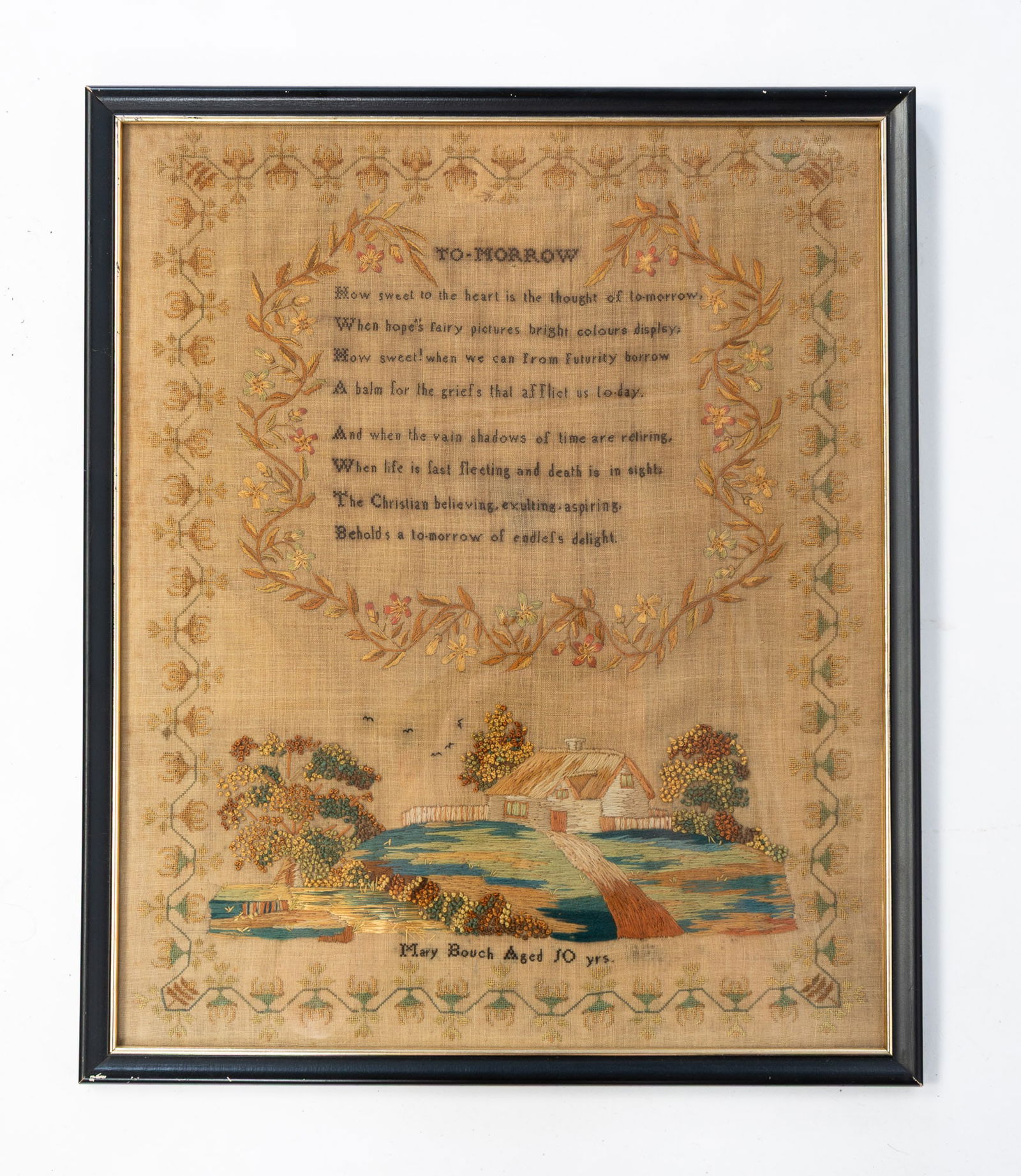 MARY BOUCHE (ENGLISH) NEEDLEWORK SAMPLER WITH COTTAGE. (1 of 4)