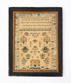 HANNAH CLARK (ENGLISH, B. 1824) NEEDLEWORK HOUSE SAMPLER.