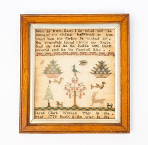 SARAH CLARK (AMERICAN OR ENGLISH) NEEDLEWORK SAMPLER, DATED 1799.