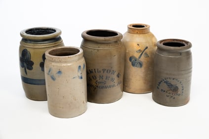 FIVE COBALT DECORATED STONEWARE JARS INCLUDING HAMILTON AND JONES.