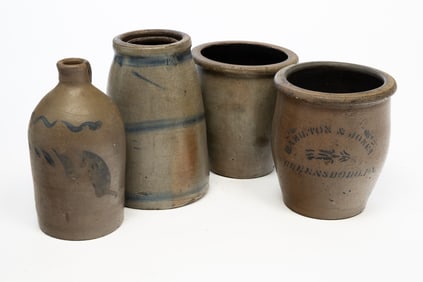 FOUR AMERICAN DECORATED STONEWARE VESSELS.
