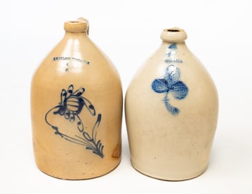 TWO NEW YORK STATE STONEWARE JUGS WITH COBALT DECORATION.