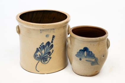 TWO COBALT DECORATED STONEWARE HANDLED CROCKS.