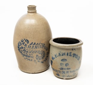 TWO JAS. HAMILTON & CO. COBALT DECORATED STONEWARE VESSELS.