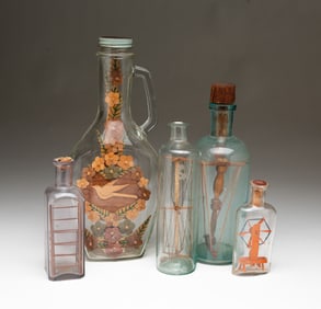 FIVE AMERICAN FOLK ART BOTTLE WHIMSEYS.