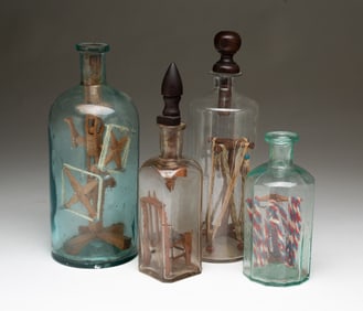 FOUR AMERICAN FOLK ART BOTTLE WHIMSEYS.