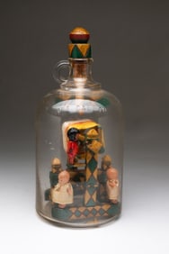AMERICAN FOLK ART HARLEQUIN YARN WINDER BOTTLE WHIMSEY.