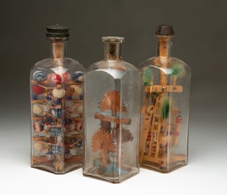 THREE AMERICAN FOLK ART BOTTLE WHIMSEYS.