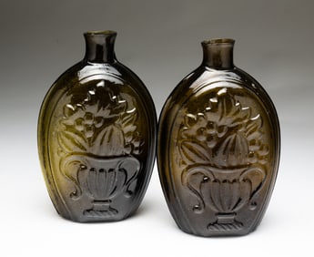 PAIR OF AMERICAN CORNUCOPIA BLOWN FLASKS.