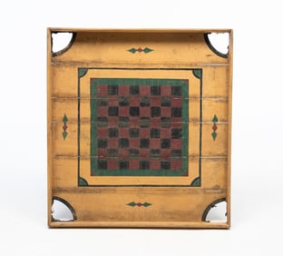 AMERICAN PAINT-DECORATED PINE TABLETOP GAMEBOARD WITH CORNER POCKETS.