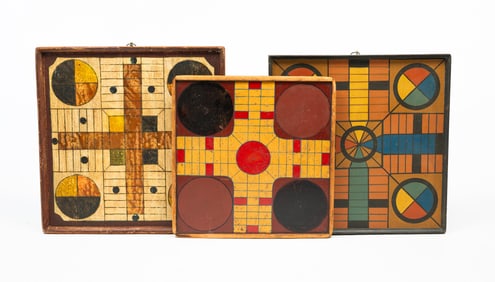 THREE FOLKSY PAINTED GAMEBOARDS.
