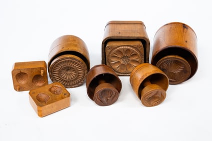 SIX AMERICAN CASED BUTTER MOLDS OR PRINTS.