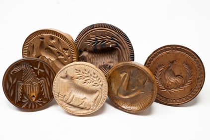 SIX AMERICAN CARVED ANIMAL MOTIF BUTTER PRINTS OR STAMPS.