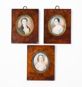 THREE ENGLISH SCHOOL MINIATURE GOUACHE PORTRAITS OF A FAMILY.