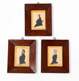 SET OF THREE AMERICAN SCHOOL MINIATURE WATERCOLOR PORTRAITS, TWO SIGNED J. KIRK AND DATED 1851.