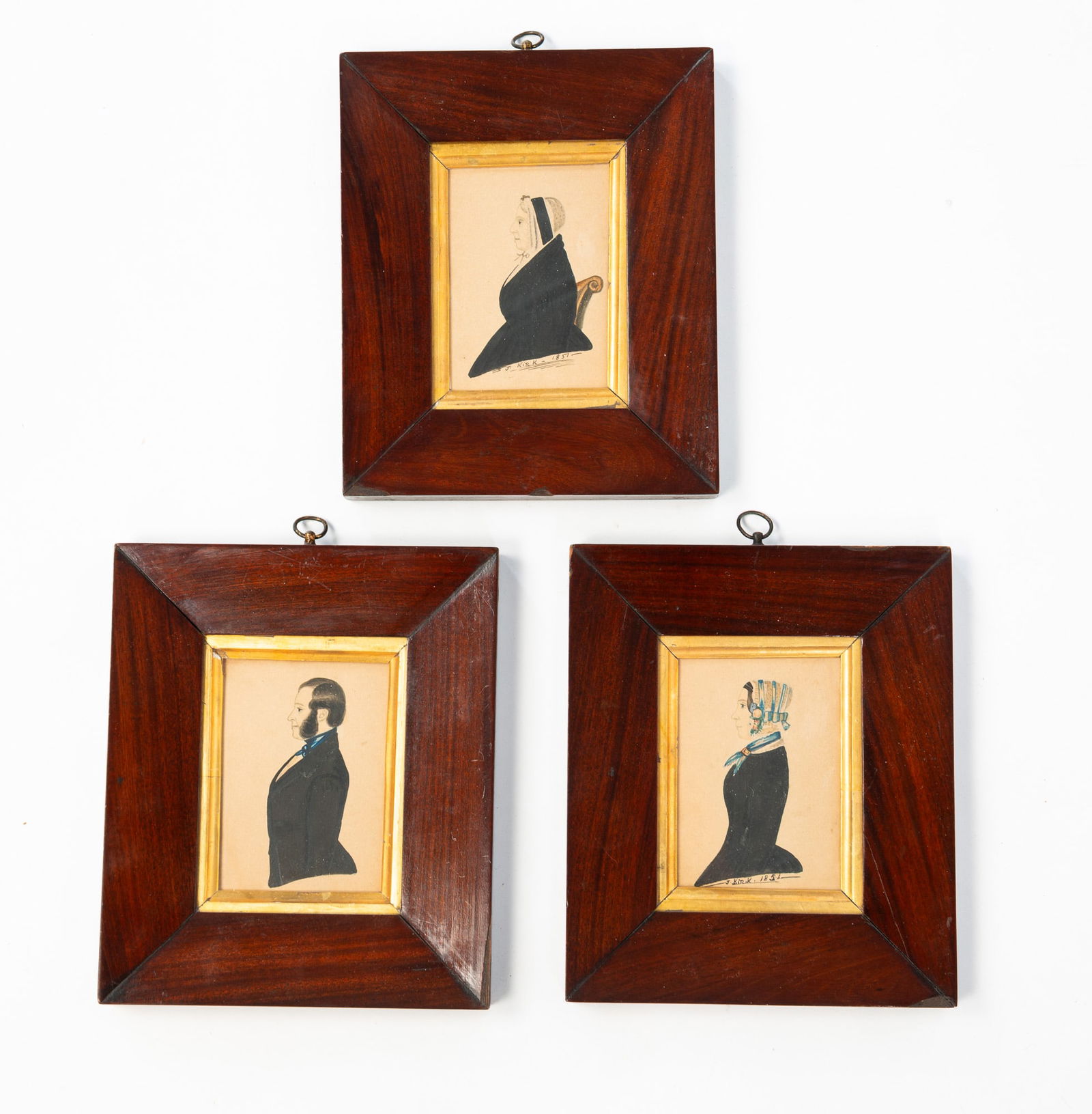 SET OF THREE AMERICAN SCHOOL MINIATURE WATERCOLOR PORTRAITS, TWO SIGNED J. KIRK AND DATED 1851. (1 of 5)