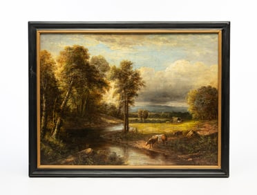 AMERICAN OIL ON CANVAS OF A PASTORAL LANDSCAPE.