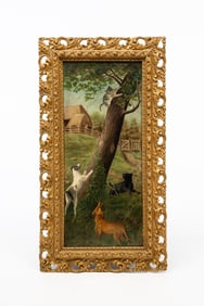 AMERICAN SCHOOL FOLK ART OIL ON BOARD OF FARM SCENE WITH CAT AND DOGS.