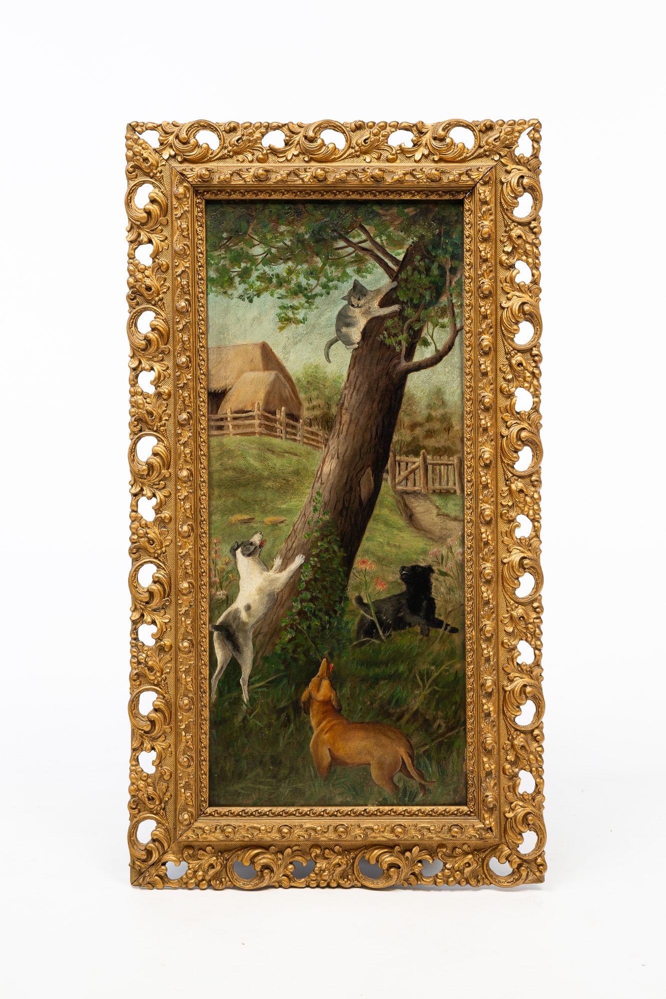 AMERICAN SCHOOL FOLK ART OIL ON BOARD OF FARM SCENE WITH CAT AND DOGS. (1 of 4)