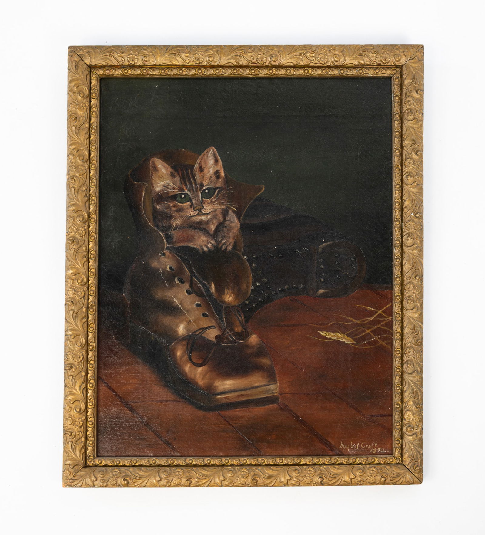 MRS. VAL CRAFT (AMERICAN) "PUSS IN BOOT" OIL ON CANVAS, DATED 1892. (1 of 4)