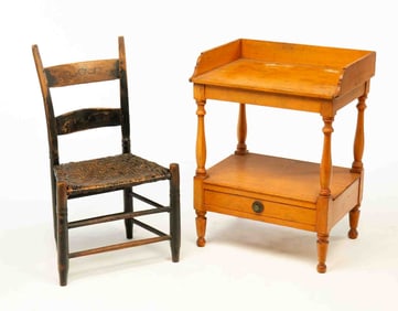 AMERICAN SHERATON PINE TWO-TIER WASHSTAND PLUS EBONIZED LADDERBACK SIDE CHAIR.