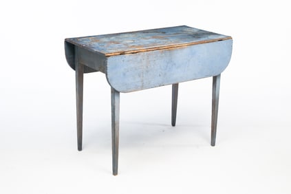 AMERICAN HEPPLEWHITE BLUE-PAINTED CHERRY AND WALNUT DROP-LEAF TABLE.