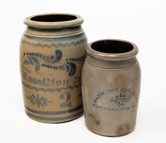 TWO HAMILTON & JONES (GREENSBORO, PENNSYLVANIA) COABLT DECORATED STONEWARE JARS.