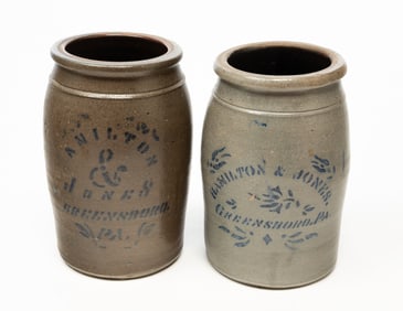 TWO HAMILTON & JONES (GREENSBORO, PENNSYLVANIA) COBALT-DECORATED STONEWARE JARS.