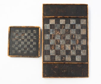 TWO AMERICAN PAINT DECORATED GAMEBOARDS.