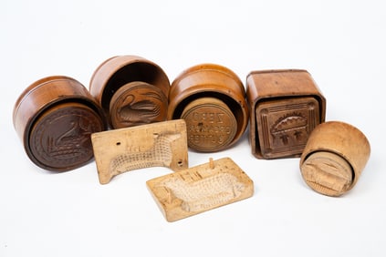 SIX AMERICAN CASED BUTTER MOLDS OR PRINTS.