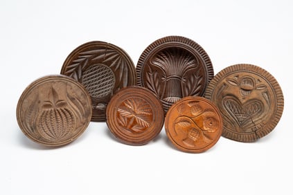 SIX AMERICAN CARVED BUTTER PRINTS OR STAMPS.