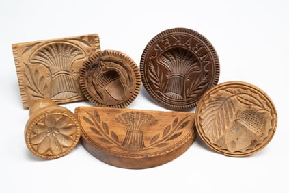SIX AMERICAN CARVED BUTTER PRINTS OR STAMPS.