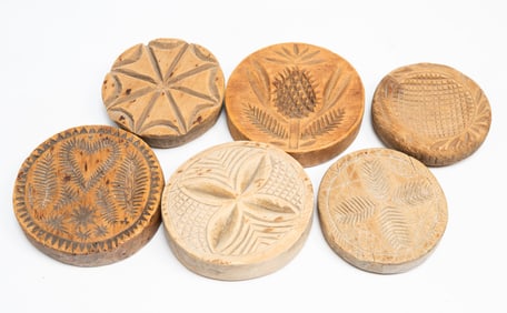 SIX AMERICAN CARVED BUTTER PRINTS OR STAMPS.