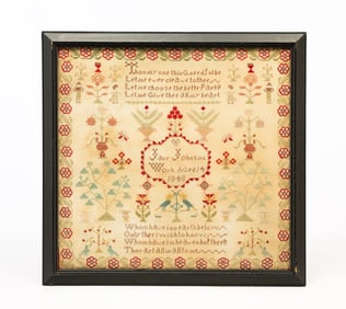 JANE JOHNSON (AMERICAN OR ENGLISH, B. 1834) NEEDLEWORK SAMPLER, DATED 1848.