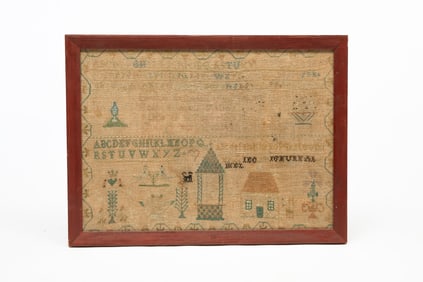 LARGE AMERICAN NEEDLEWORK SAMPLER WITH HOUSES, BIRDS, AND A DOG.