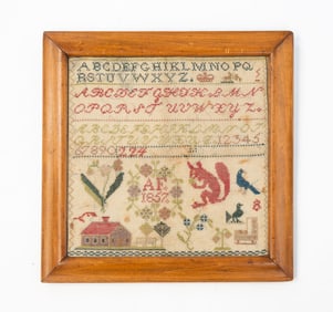 NEEDLEWORK SAMPLER WITH SQUIRREL, DATED 1857.