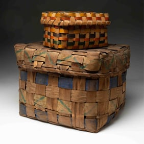 TWO NATIVE AMERICAN POLYCHROME PAINTED LIDDED SPLINT BASKETS.